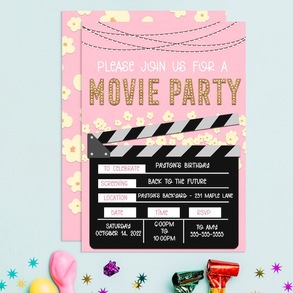 Movie Invitation, Movie Party, Movie Birthday, Girl Birthday Invitation, Girl Movie Invite, Movie Ticket, Movie Night • MCP205