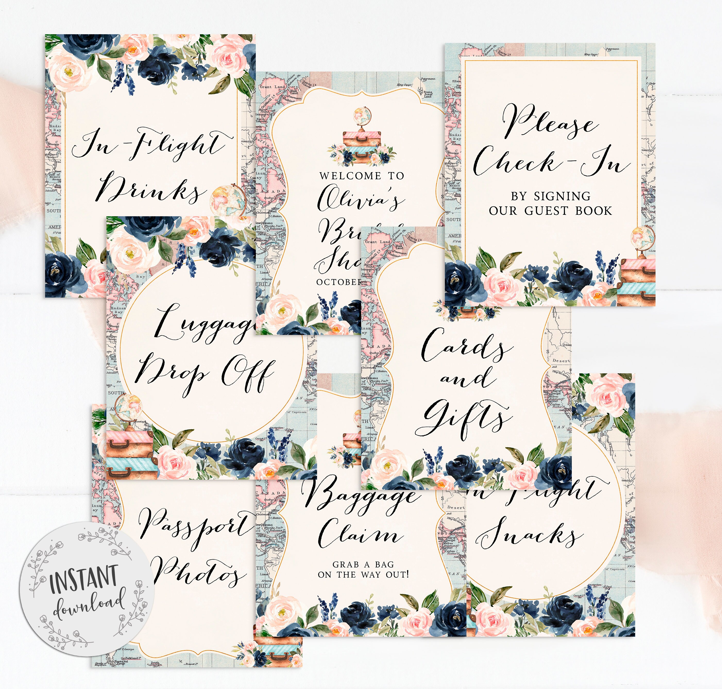 Travel Theme Baggage Claim Sign PRINTABLE 8x10 Digital File Vintage Map Bridal Shower Favors Adventure Awaits Passport Stamps Wedding Baby