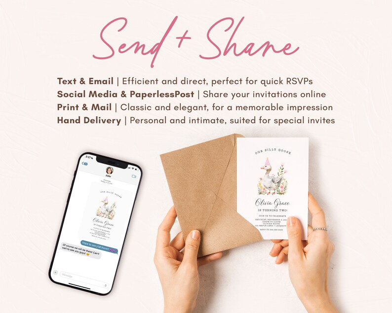 May include: A digital invitation for a child's birthday party. The invitation features a cartoon duck wearing a pink party hat and surrounded by flowers. The text on the invitation reads "Our Silly Goose Olivia Grace is turning two".