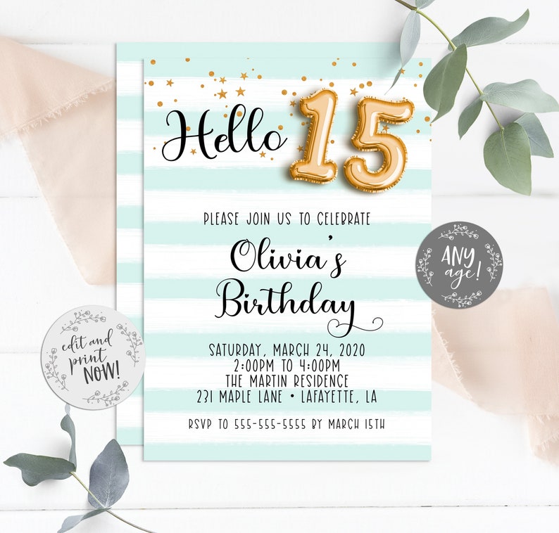 15th-birthday-invitation-foil-balloon-birthday-invitation-etsy