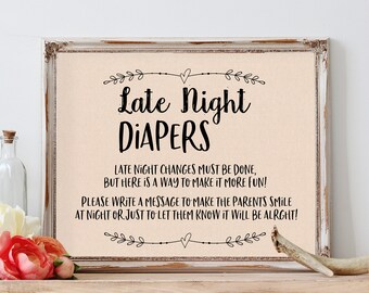 Late Night Diapers Sign, Baby Shower Sign, Rustic Baby Shower Game, Printable, Instant Download, Gender Neutral Signs, Kraft Baby Shower