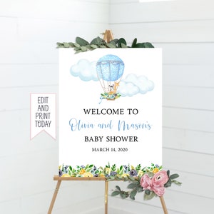 Up Up and Away Hot Air Balloon Baby Shower Welcome Sign • Instant Download • Editable Template • Baby Shower Welcome Printable