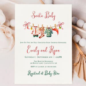 Modèle d'invitation pour baby shower, pull moche, modifiable, Noël, baby shower en couple, saupoudrer le bébé, téléchargement immédiat