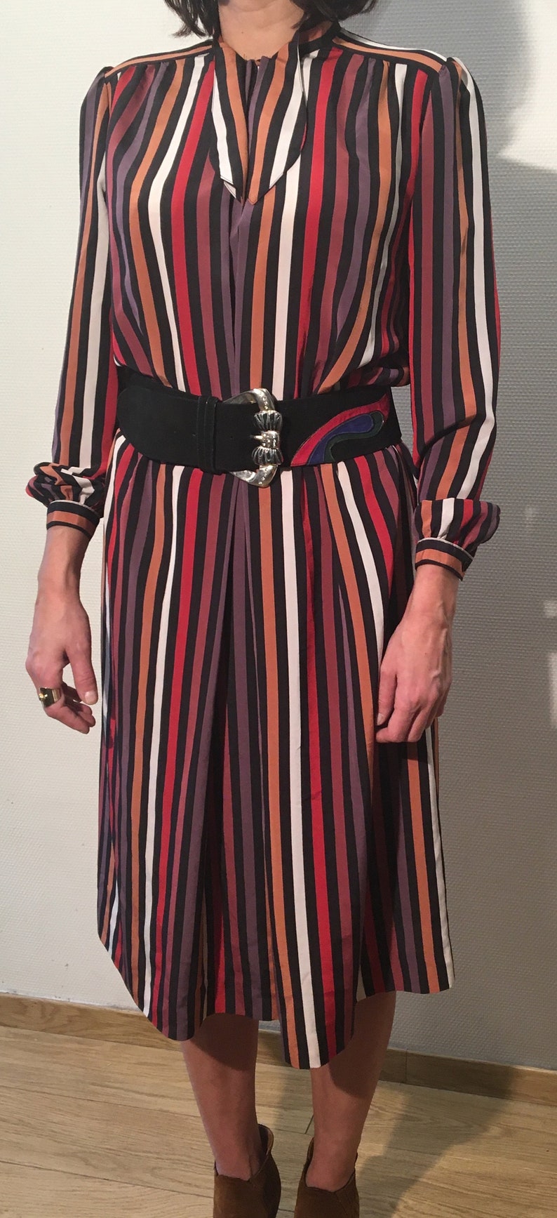 Vintage dress 80s90s collar tie with multicolored stripes G\u00e9rard Pasquier Paris
