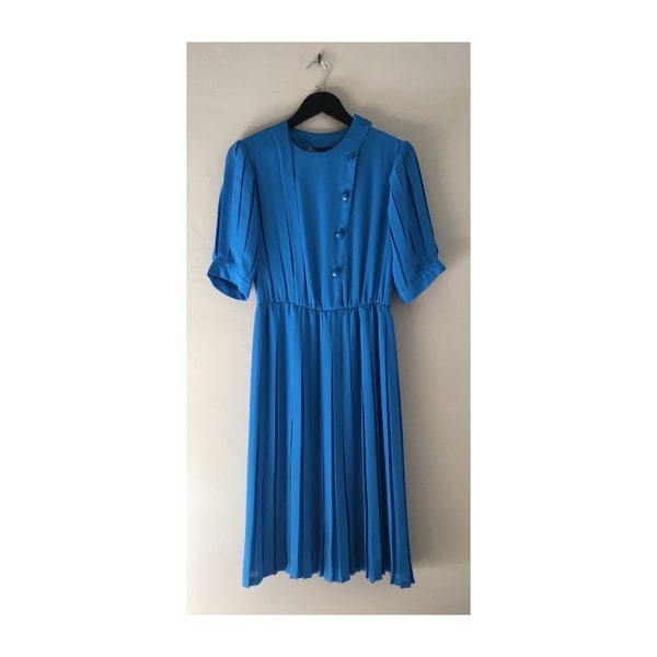 Robe bleu romantique vintage 80s, plissée et à manches ballons