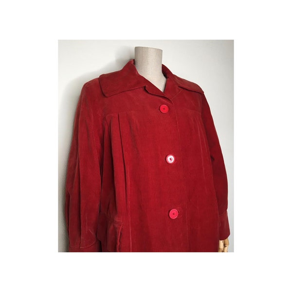 Veste trench manteau long vintage 50s 60s velours côtelé rouge, cousu main, T38/40