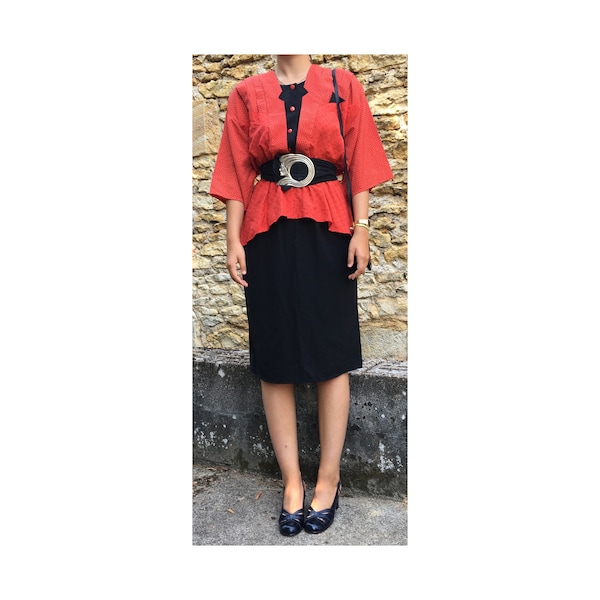 Robe pur vintage 80, rouge et noir, fabriqué en France