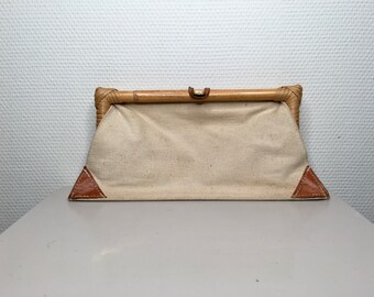 Vintage pouch in leather, canvas and bamboo