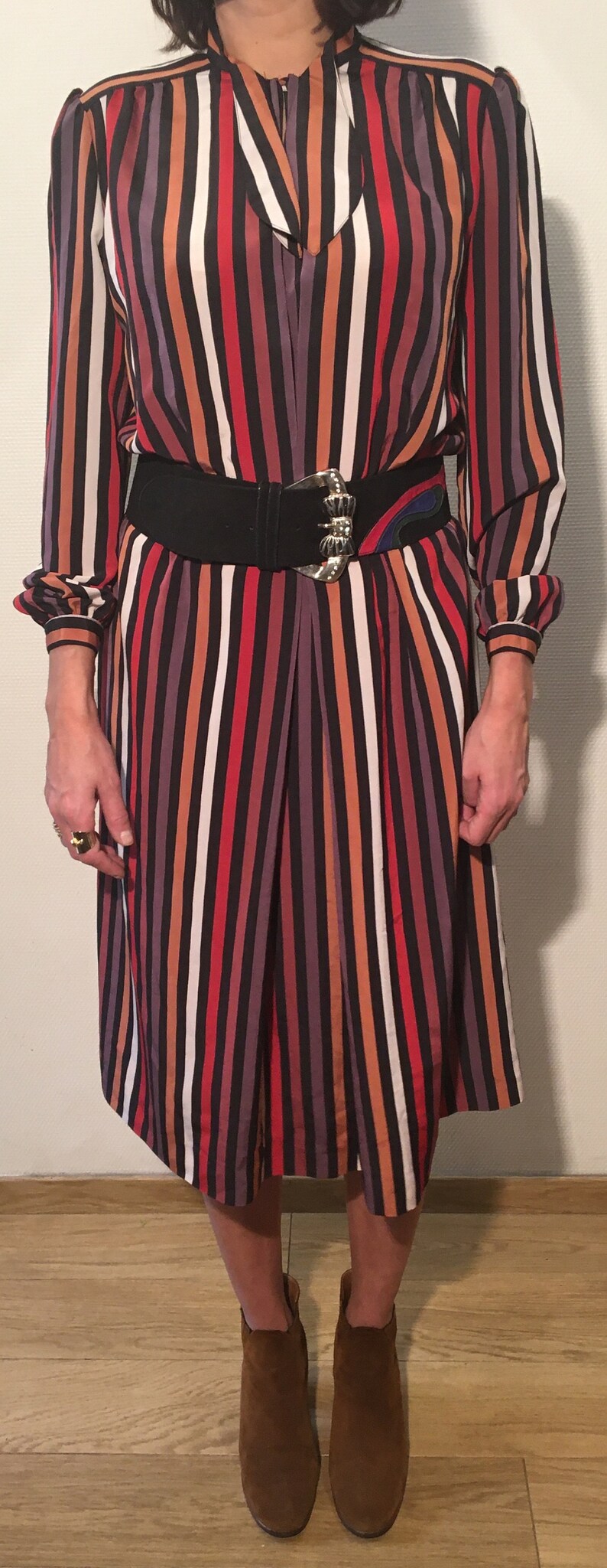 Vintage dress 80s90s collar tie with multicolored stripes G\u00e9rard Pasquier Paris