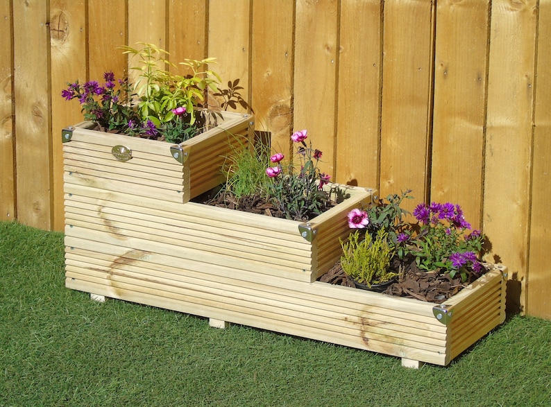 3 Tiered Garden Level Steps Planter Wooden Decking Patio Trough Bild 1