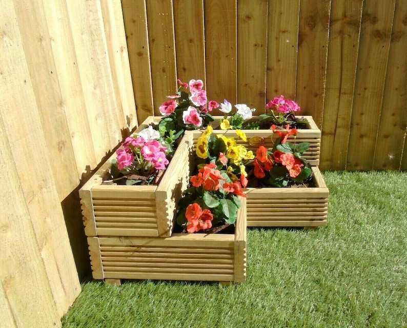 2 Tier Corner Garden Wooden Decking Planter Plant Pot Steps Etsy