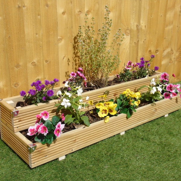 Two Tiered Garden Level Steps Wooden Timber Decking Planter Trough - 2ft 3ft 4ft