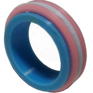 May include: A blue, pink, and white silicone ring with a transgender pride flag design.