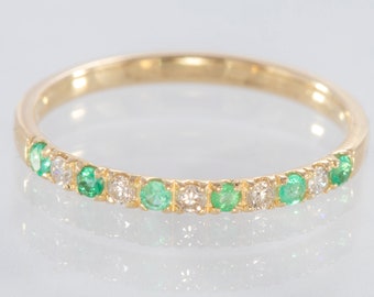 Emerald Diamond Band 14k Yellow Gold, Wedding Band, Diamond Ring, Emerald and Diamond, Eternity Band, Anniversary Band, Engagement Band