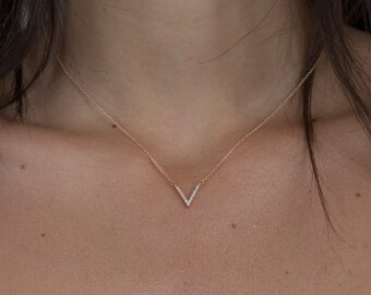 Diamond V Necklace 14k Rose Gold, Dainty Necklace, Minimalist Necklace, Chevron Necklace, Anniversary Gift, Gold V Necklace, Gift for Her