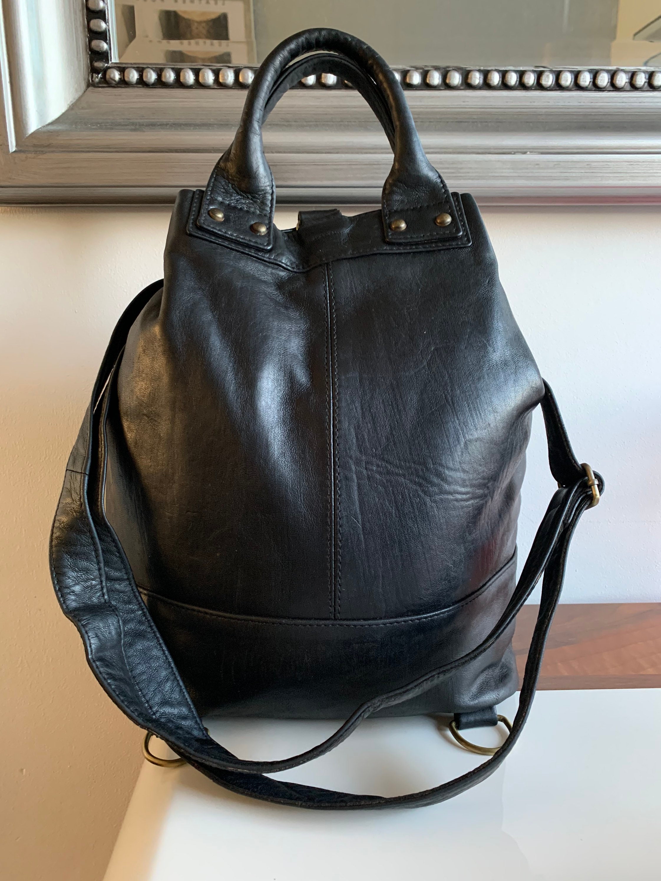 Black Leather Backpack Shoulder Bag Tote Crossbody Bag - Etsy