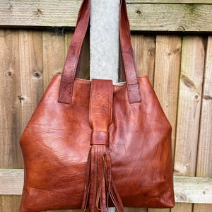 handcrafted leather tote shoulder bag in cognac