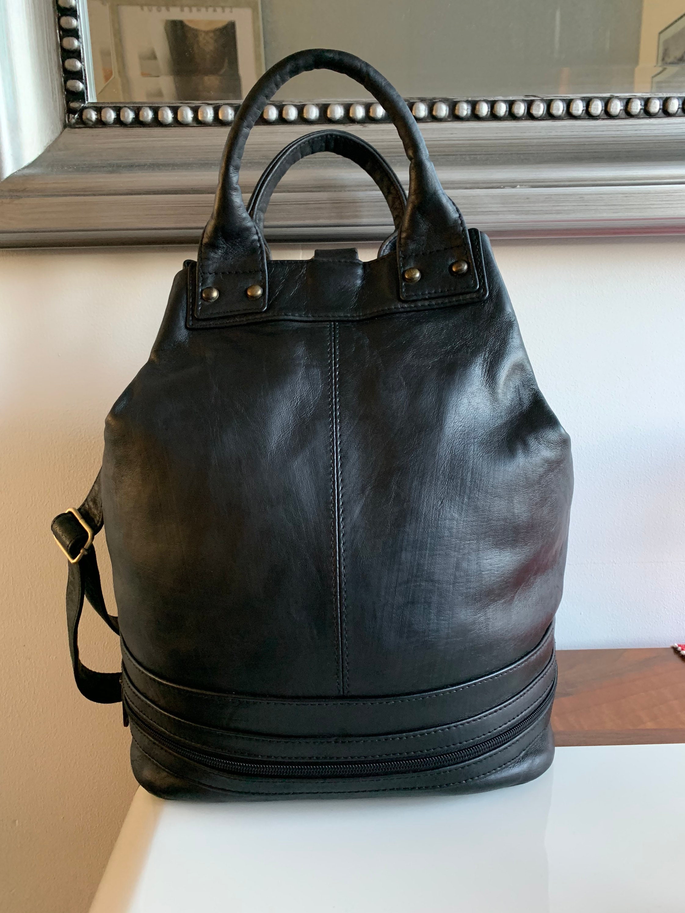 Black Leather Backpack Shoulder Bag Tote Crossbody Bag - Etsy