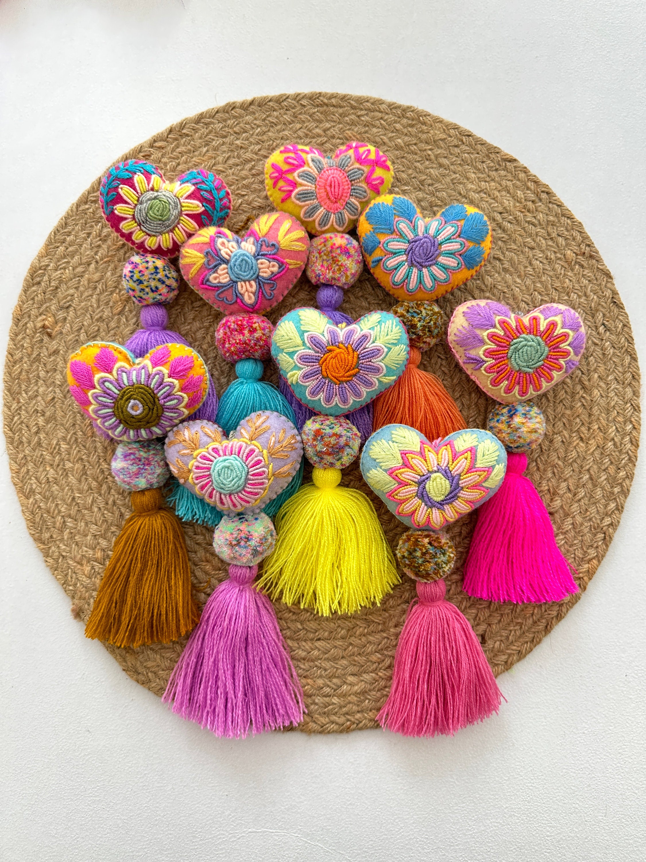 mexican embroidered heart ornament, mexican heart tassel bag charm, gifts for guests, heart car mirror hanging ornaments, mexico pom tassel
