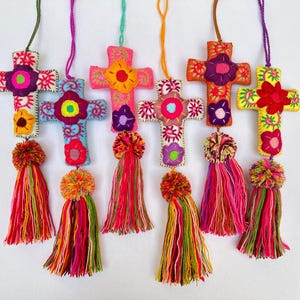 embroidered felt cross, mexico felt cross ornament, embroidered cross ornament, cross pom tassel, mexican embroidery, pom tassel for bag