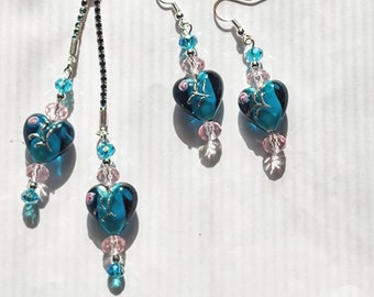 Blue Heart String Tie Necklace and Earrings