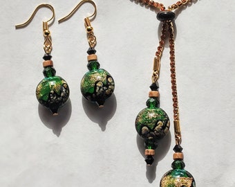 Green and Gold Lampwork Bead String Tie Necklace and Earrings