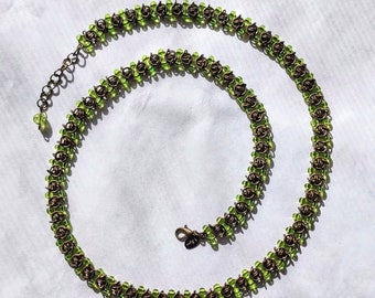 Antique Brass and Apple Green Chainmaille Necklace