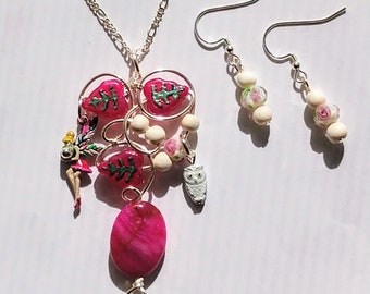 Fuchsia Pink Fairy Forest Necklace and Earrings