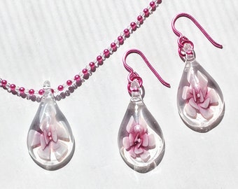 Hot Pink and White Flower Necklace and Earrings