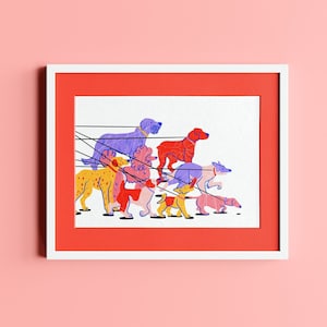 Dog Walking Colourful Art Print Illustration | A4 + A5