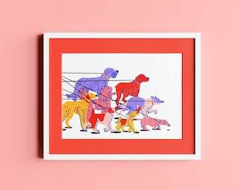 Dog Walking Colourful Art Print Illustration | A4 + A5