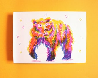 Bear Risograph Print | A5 3-colour print | Blue, Pink and Yellow