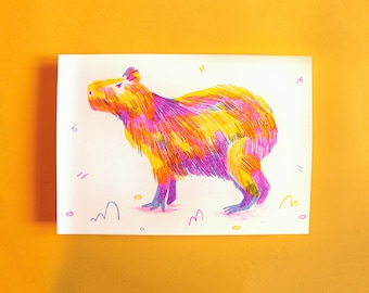 Capybara Risograph Print | A5 3-colour print | Blue, Pink and Yellow