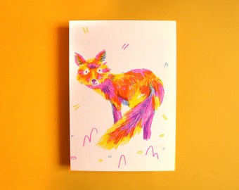 Fox Risograph Print | A5 3-colour print | Blue, Pink and Yellow