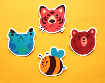 Angry Animals Vinyl Sticker Pack | Set of 4 Matte Stickers | Tiger, Bear, Frog, Bee