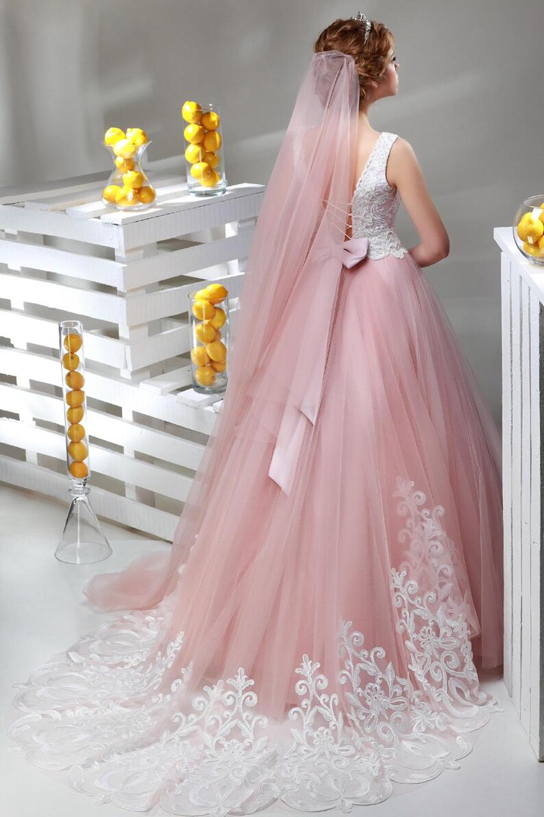 Blush Pink Wedding Dress With Train Tulle Skirt Beach Etsy