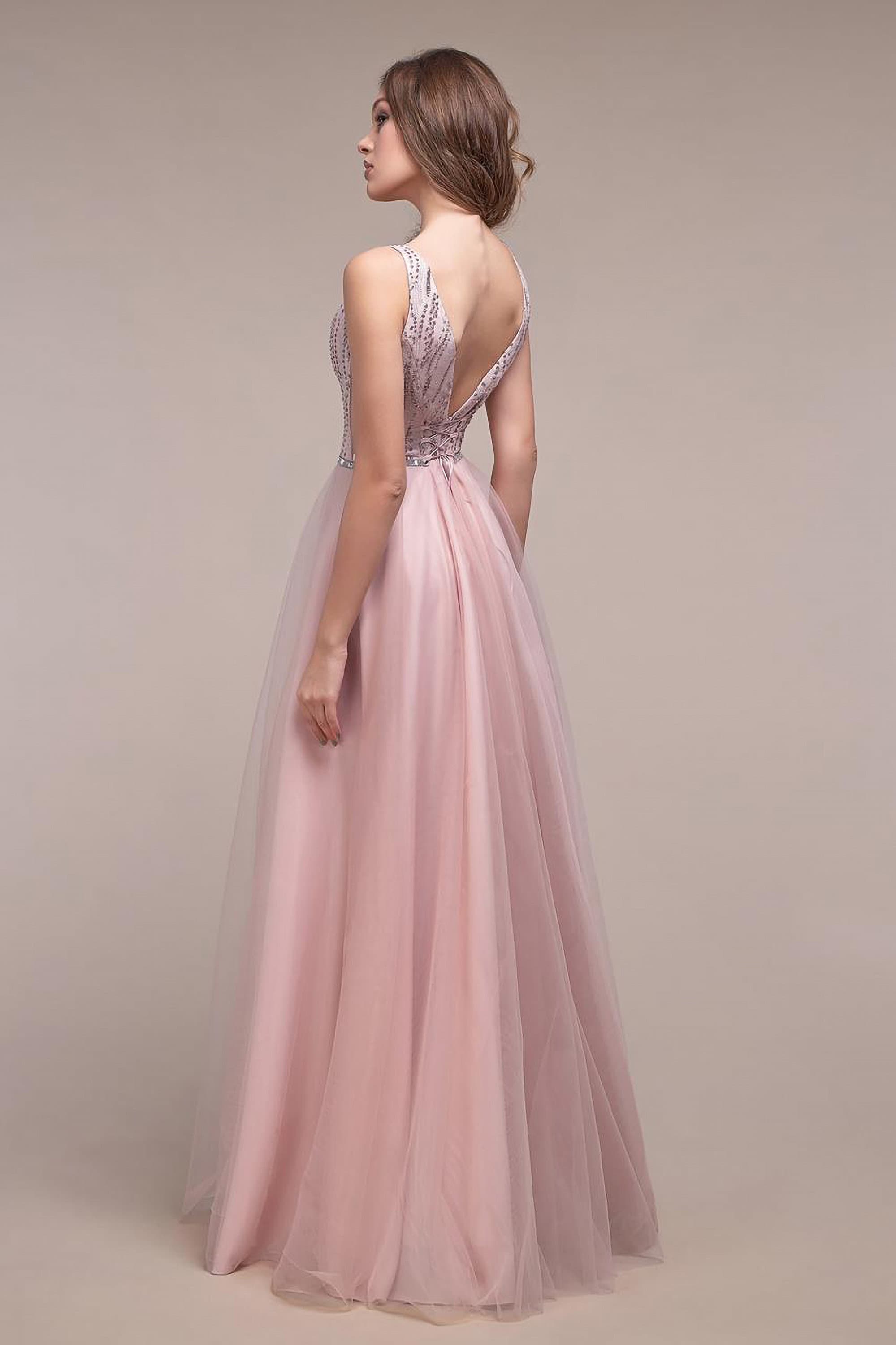 Pink V Neck Tulle Lace Long Prom Dress 