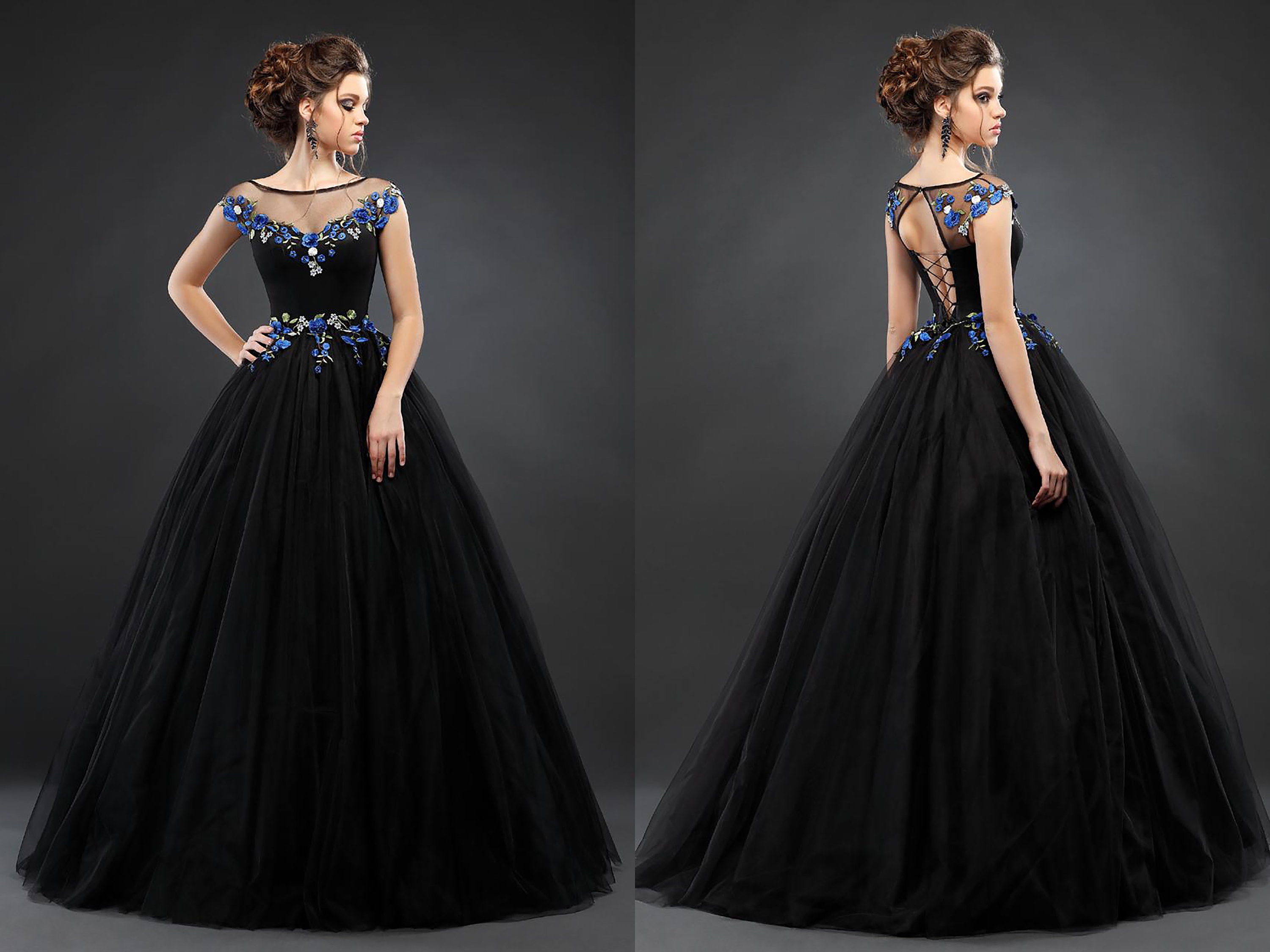 Black Ball Gown With 3D Blue Flowers Keyhole Back Black - Etsy Australia