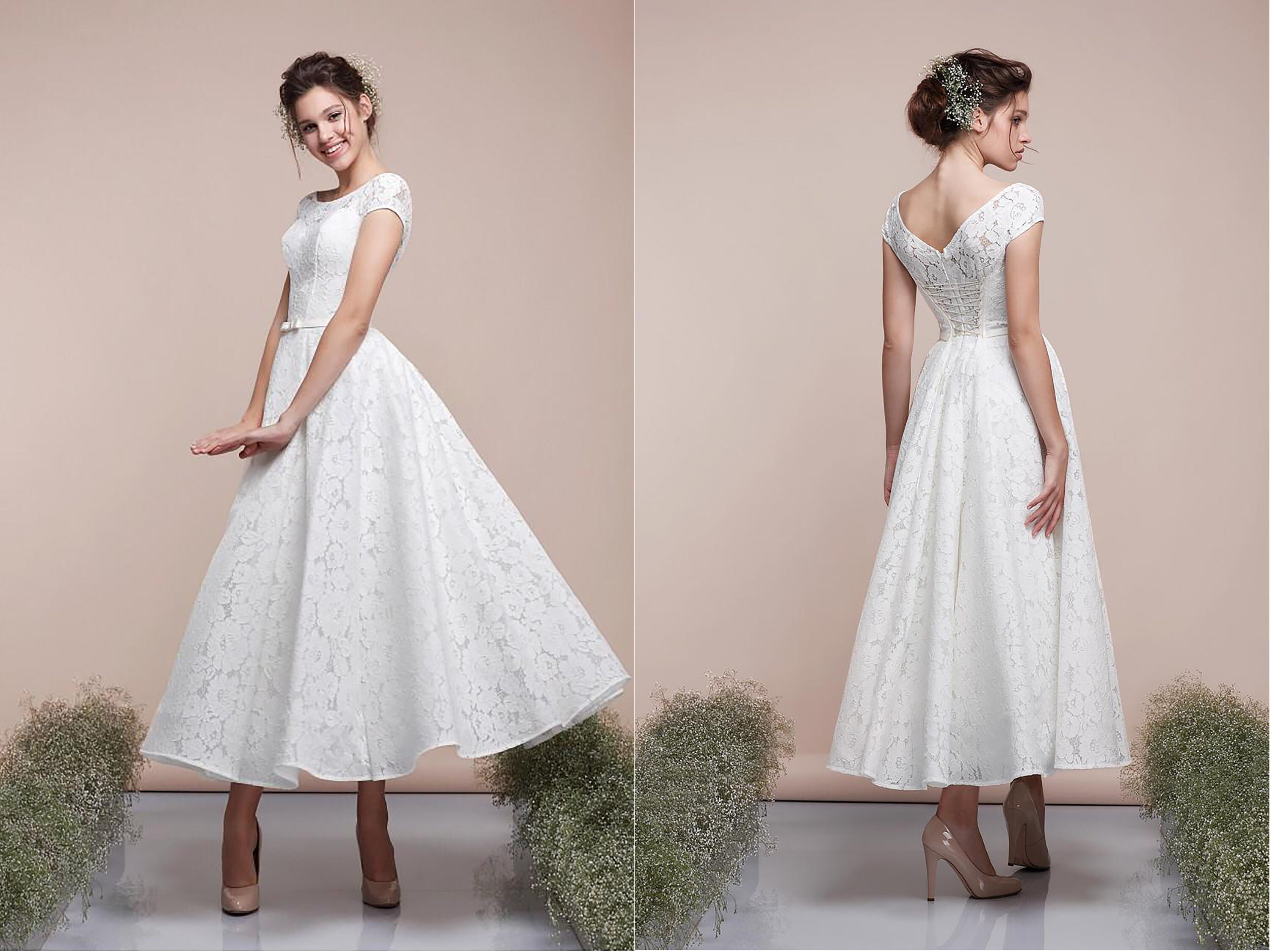 Lace Midi Wedding Dress Short Romantic ...