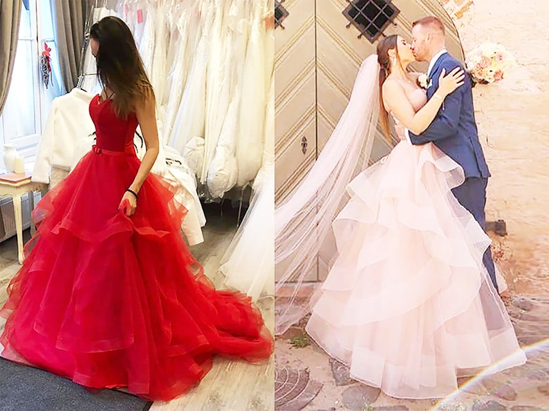 Long Red Wedding Dress Flowy Ombre Bridal Gown Red Prom Dress Etsy