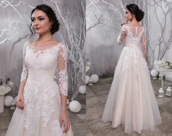Tulle Wedding Dress with 3D Floral Lace Appliques | Ivory A-Line Style Dress with Illusion Heart Neckline, 3/4 Sleeve Beach Wedding Dress