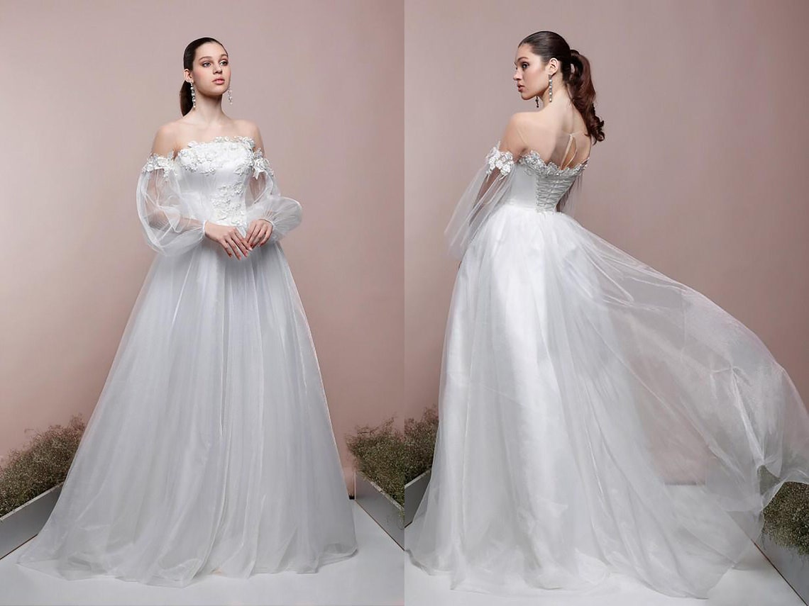 Chiffon Wedding Dress With Balloon Sleeve White Airy Bridal - Etsy