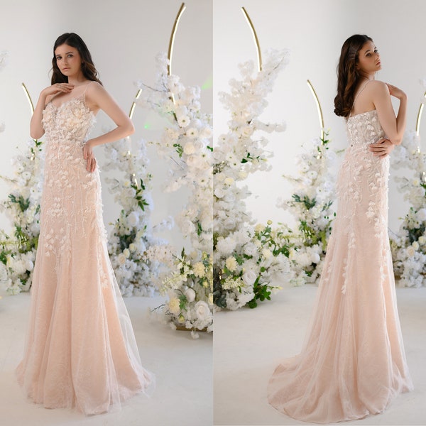 Peach Pink Beaded Straps Lace Destination Wedding Dress