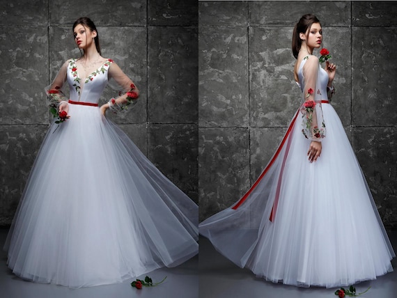 Vestido de novia blanco con rosas rojas 3D Flores Vestido - Etsy México Vestido de novia blanco con rosas rojas 3D Flores Vestido - Etsy México
