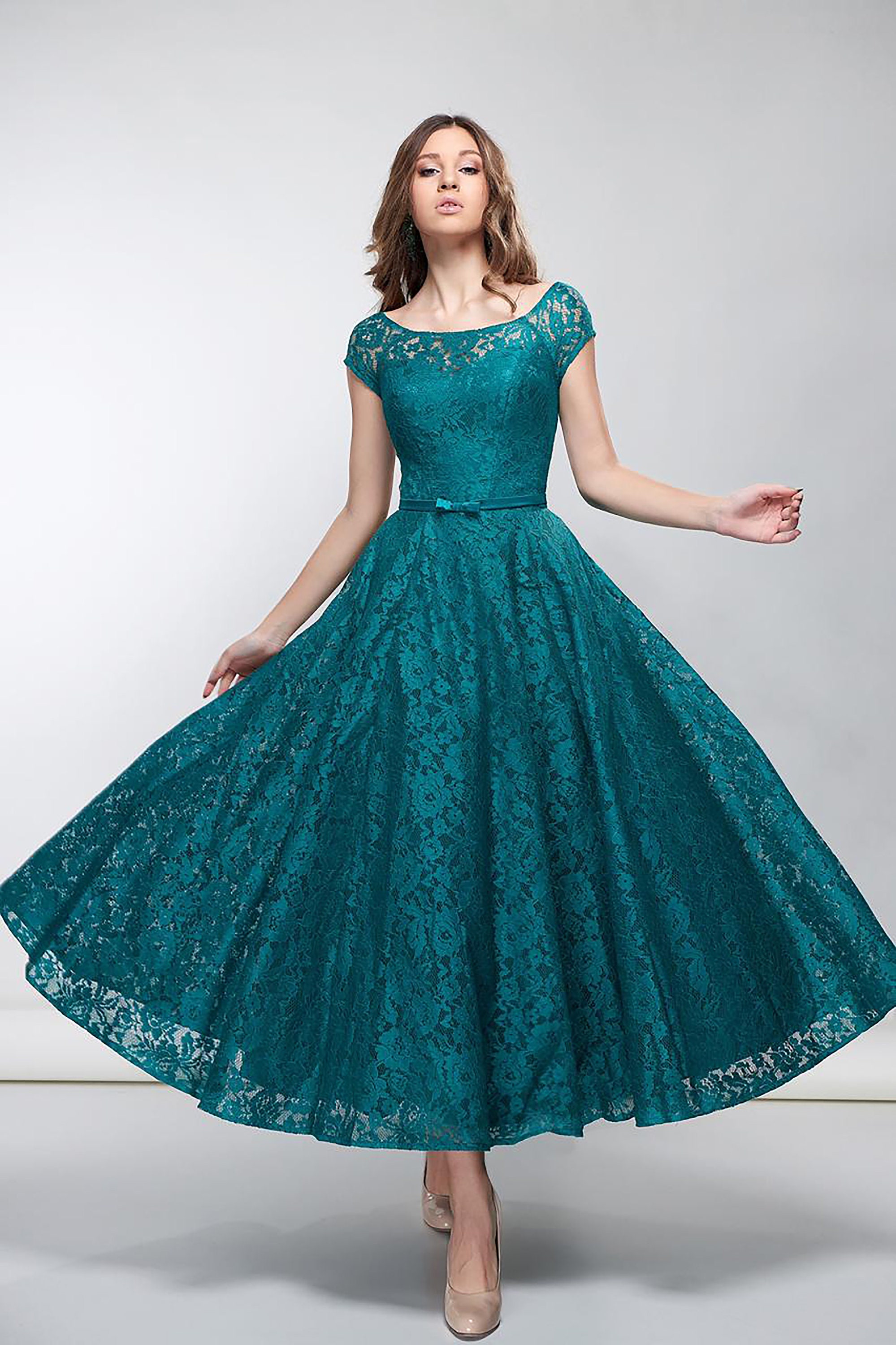 Emerald Green Lace Summer Dress Floral 