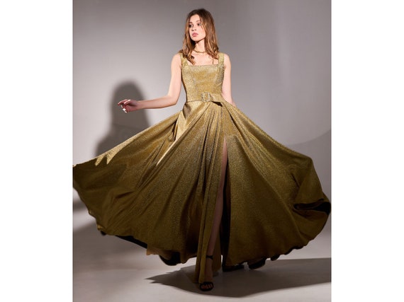 Gold Plisse Dress With Unique High Slit 