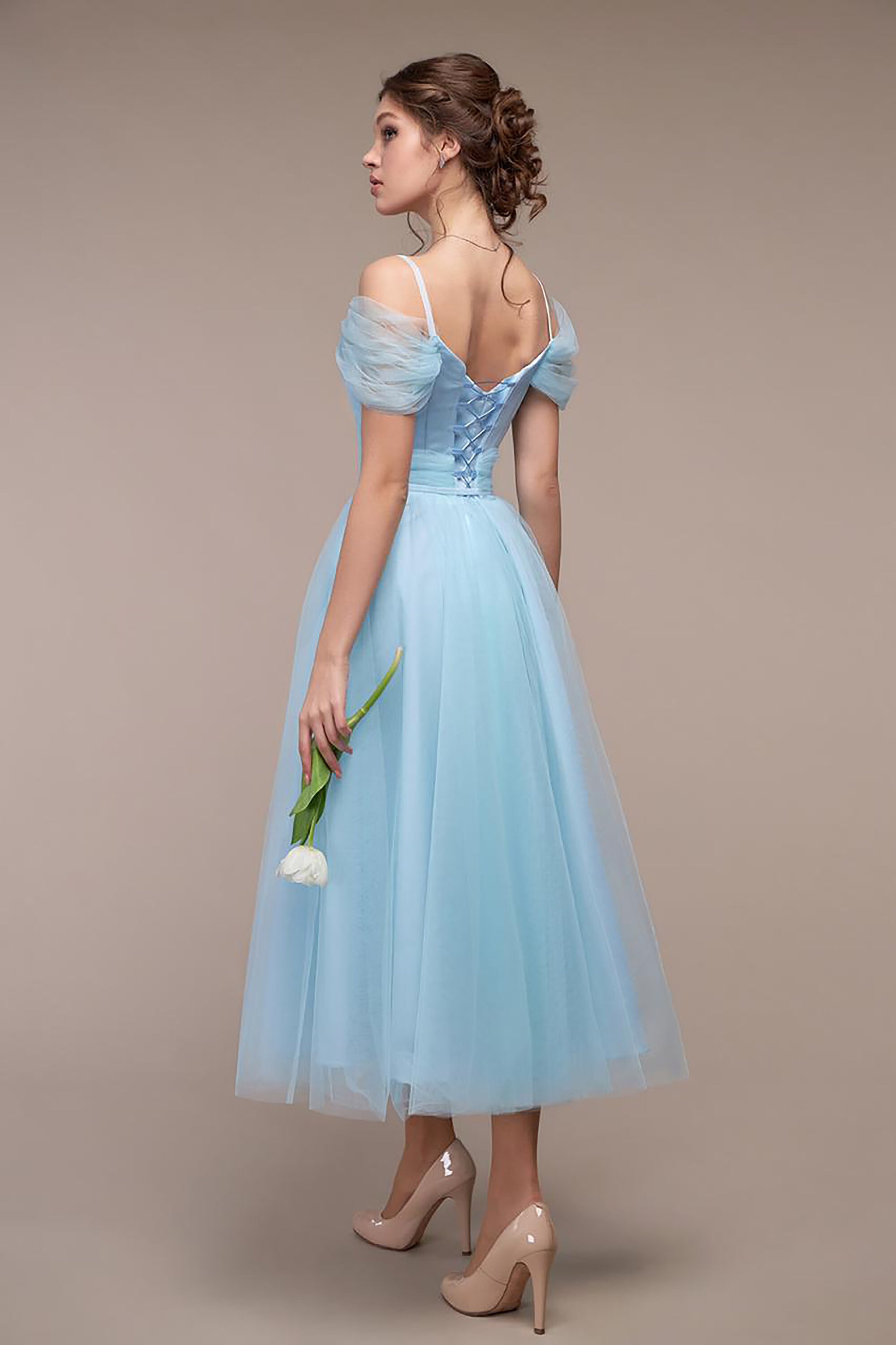 Light Blue Midi Chiffon Dress Wedding 