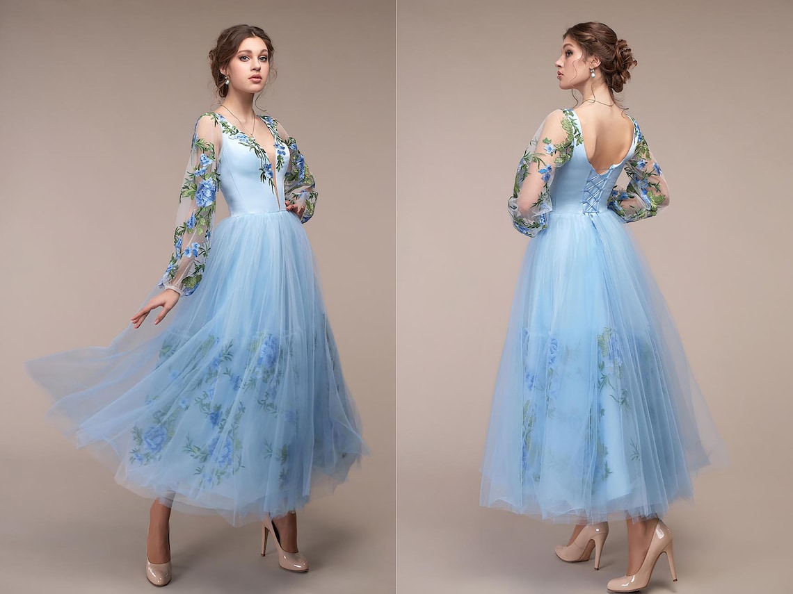 Short Blue Wedding Dress Deep V Neckline Light Blue 3D Floral image 1