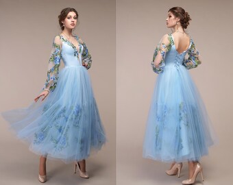 Deep V Neckline Light Blue 3D Floral Evening Dresses Chiffon Summer Party Gown Sky Blue Graduation Dress Long Sleeves Wedding Guest Dress