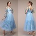 Short Blue Wedding Dress Deep V Neckline Light Blue 3D Floral Bridal Gown Chiffon Summer Wedding Gown Sky Blue Long Sleeves Wedding Dresses 